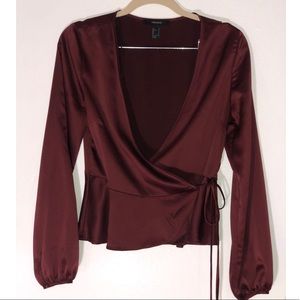 Burgundy Satin Side-tie Blouse